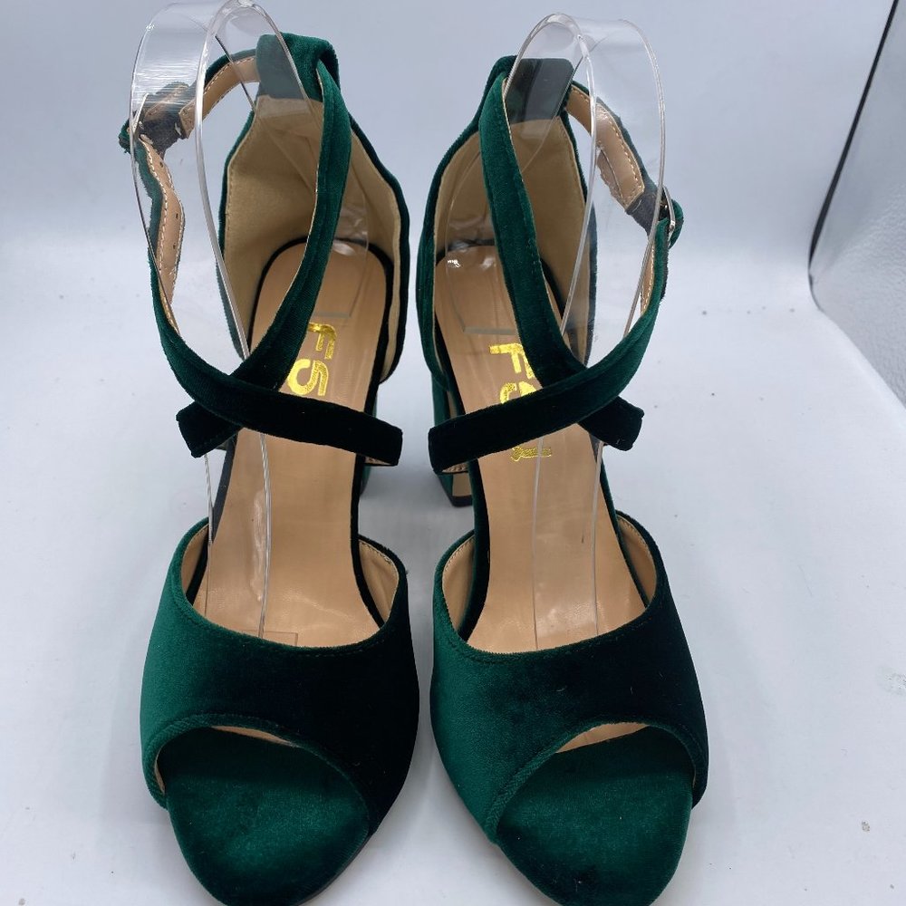 FSJ green peep toe chunky cross strap heels pumps